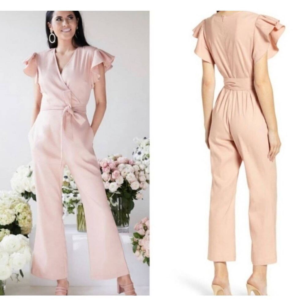 RACHEL PARCEL Light Blush Jumpsuit Ruffled Short Sleeves Belted Wide Leg sz XXS